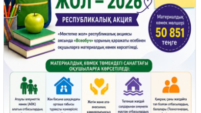 2026–2027 оқу жылына орай «Мектепке жол» республикалық қайырымдылық акциясы аясында «Жалпыға міндетті білім беру» (Всеобуч) қоры есебінен материалдық көмек алуға құжаттарды қабылдау басталды.